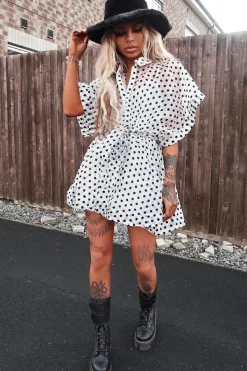 Rebellious Fashion White Organza Polka Slip Insert Shirt Dress - Nathalia
