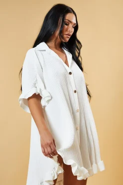 Rebellious Fashion White Pleat Detail Frill Sleeve Oversized Dress - Sana