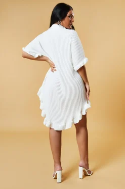Rebellious Fashion White Pleat Detail Frill Sleeve Oversized Dress - Sana