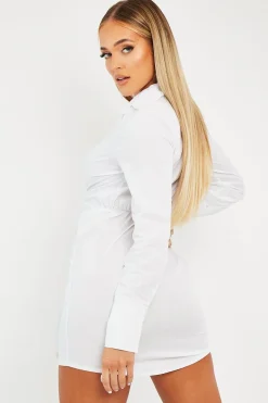 Rebellious Fashion White Plunge Knot Detail Shirt Dress - Marlie