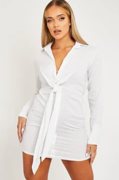 Rebellious Fashion White Plunge Knot Detail Shirt Dress - Marlie