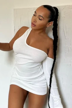 Rebellious Fashion White Rib One Sleeve Asymmetric Mini Dress - Nola