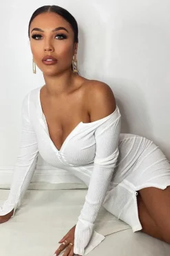 Rebellious Fashion White Ribbed Double Zip Bodycon Mini Dress - Bellani