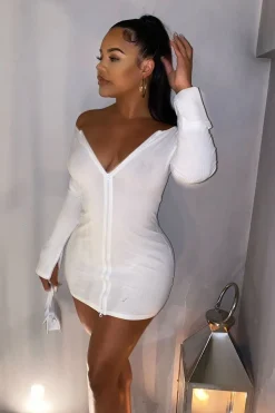 Rebellious Fashion White Ribbed Double Zip Bodycon Mini Dress - Bellani