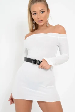 Rebellious Fashion White Ribbed Ruffle Long Sleeve Bardot Dress - Madison