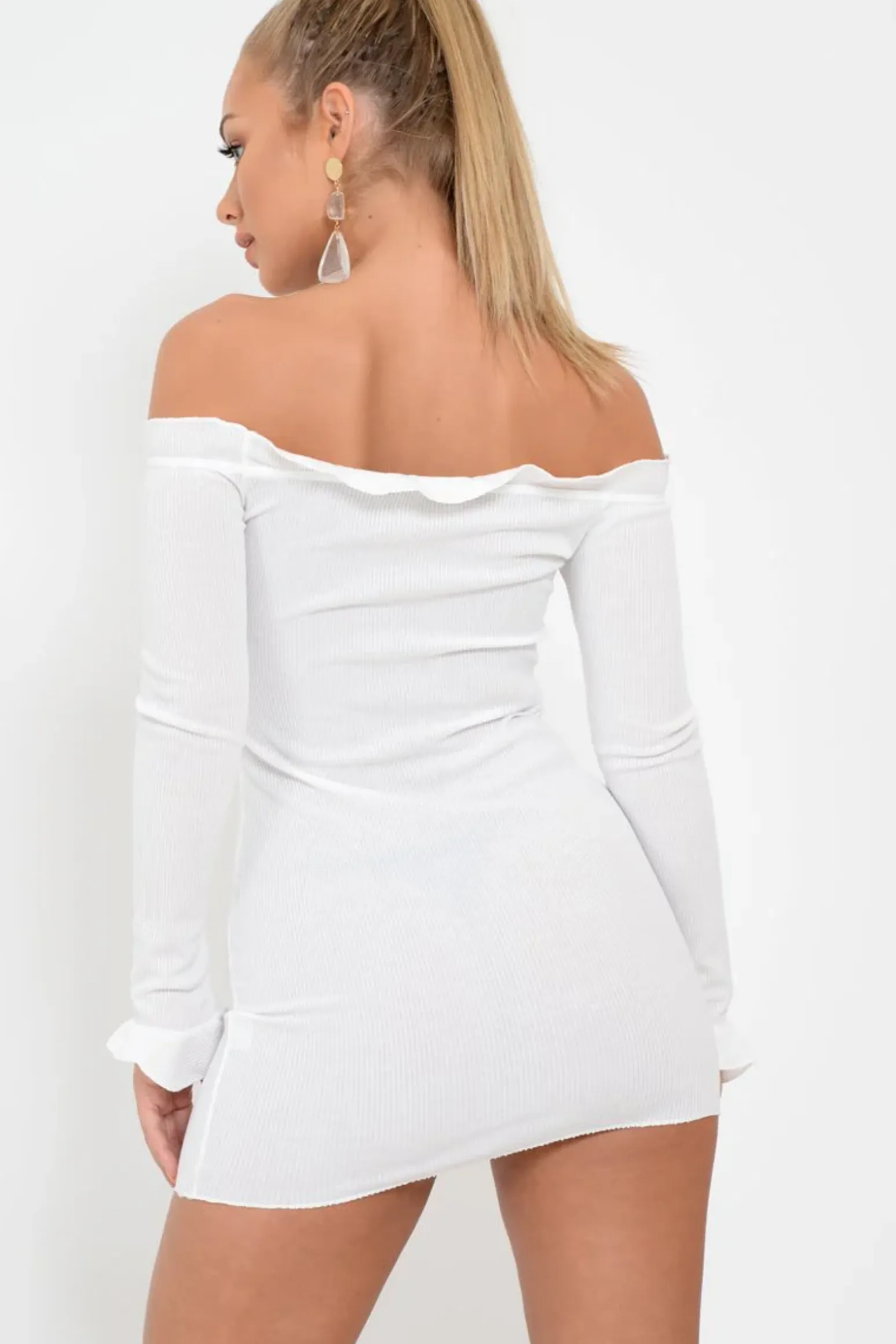 Rebellious Fashion White Ribbed Ruffle Long Sleeve Bardot Dress - Madison