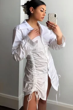 Rebellious Fashion White Ruched Centre Shirt Mini Dress - Khylie