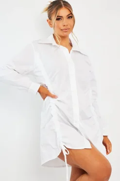Rebellious Fashion White Ruched Centre Shirt Mini Dress - Khylie