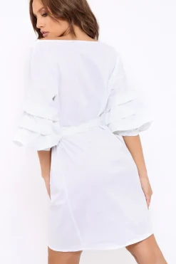 Rebellious Fashion White Ruched Sleeve Wrap Around Dress - Marly