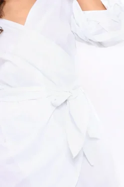 Rebellious Fashion White Ruched Sleeve Wrap Around Dress - Marly