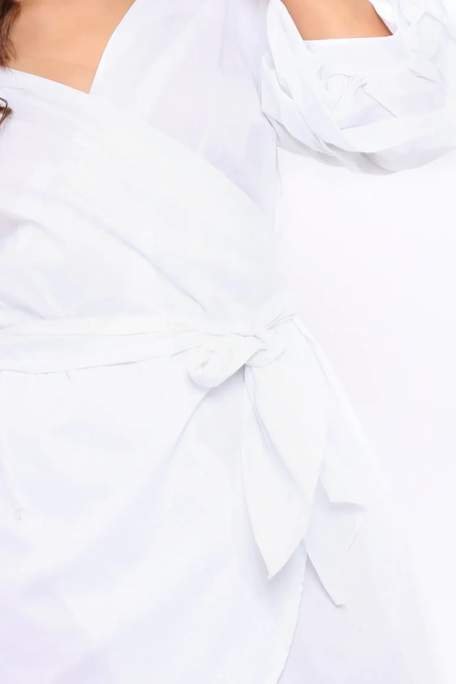Rebellious Fashion White Ruched Sleeve Wrap Around Dress - Marly