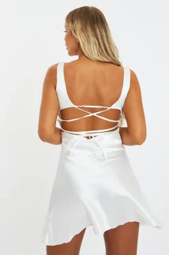 Rebellious Fashion White Satin Cut Out Lace Up Back Mini Dress - Gia
