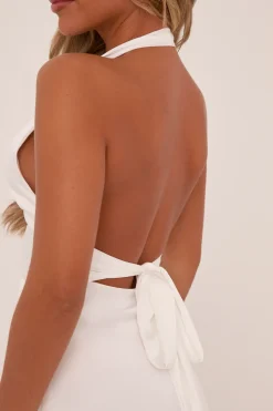 Rebellious Fashion White Satin Halter Neck Tie Waist Mini Dress - Tamara