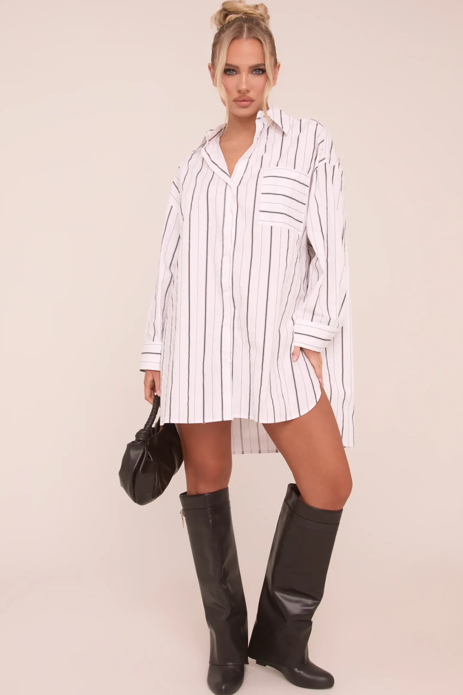 Rebellious Fashion White Striped Oversized Shirt Dress - Deborah
