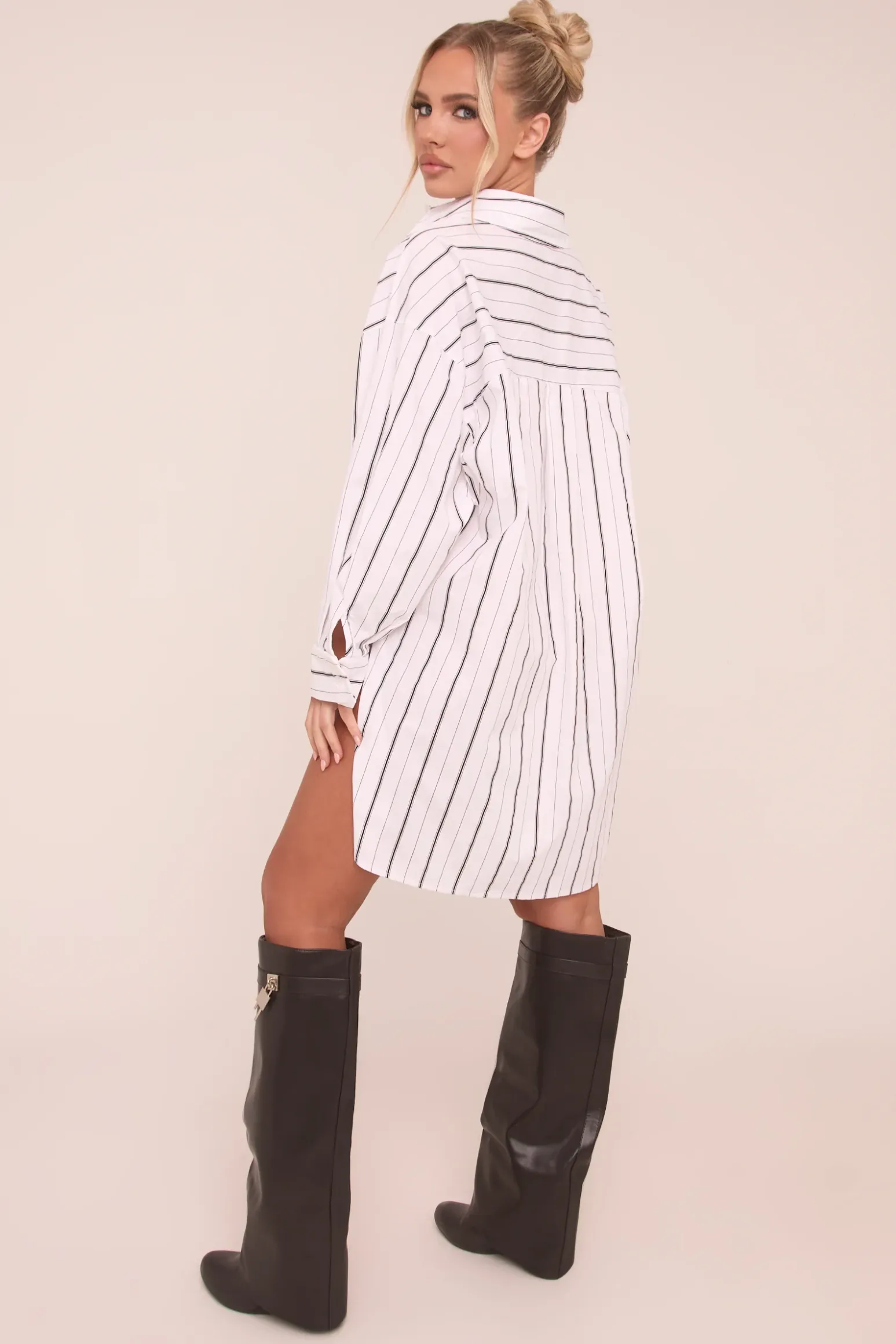 Rebellious Fashion White Striped Oversized Shirt Dress - Deborah