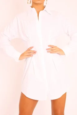 Rebellious Fashion White Tailored Waist Long Sleeve Shirt Dress - Laritza