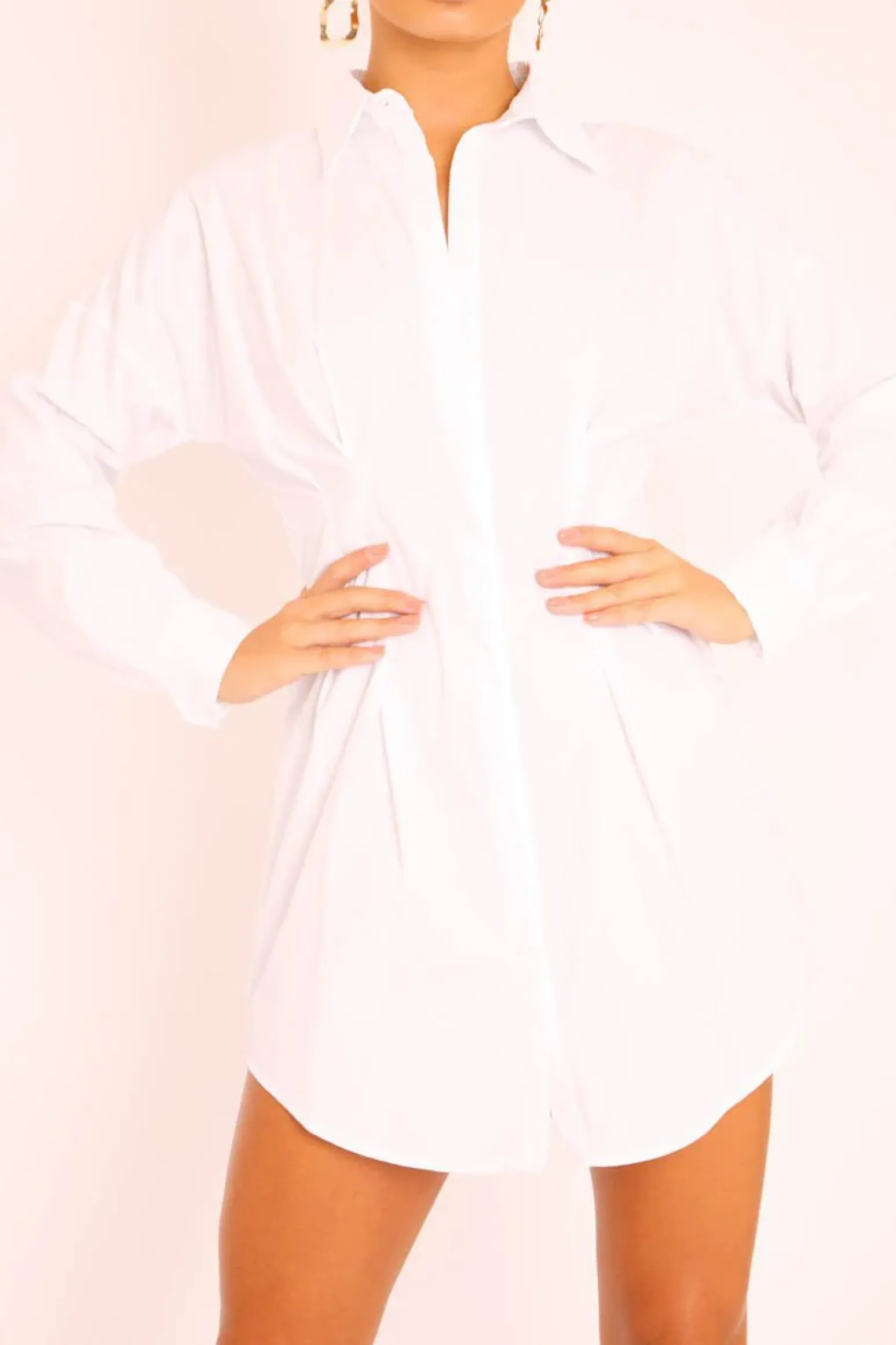 Rebellious Fashion White Tailored Waist Long Sleeve Shirt Dress - Laritza