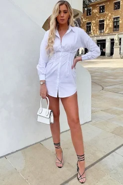 Rebellious Fashion White Tailored Waist Long Sleeve Shirt Dress - Laritza