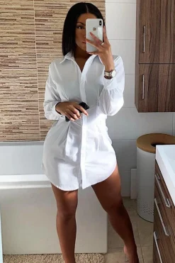 Rebellious Fashion White Tailored Waist Long Sleeve Shirt Dress - Laritza