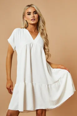 Rebellious Fashion White V-Neck Tiered Frill Mini Dress - Kate