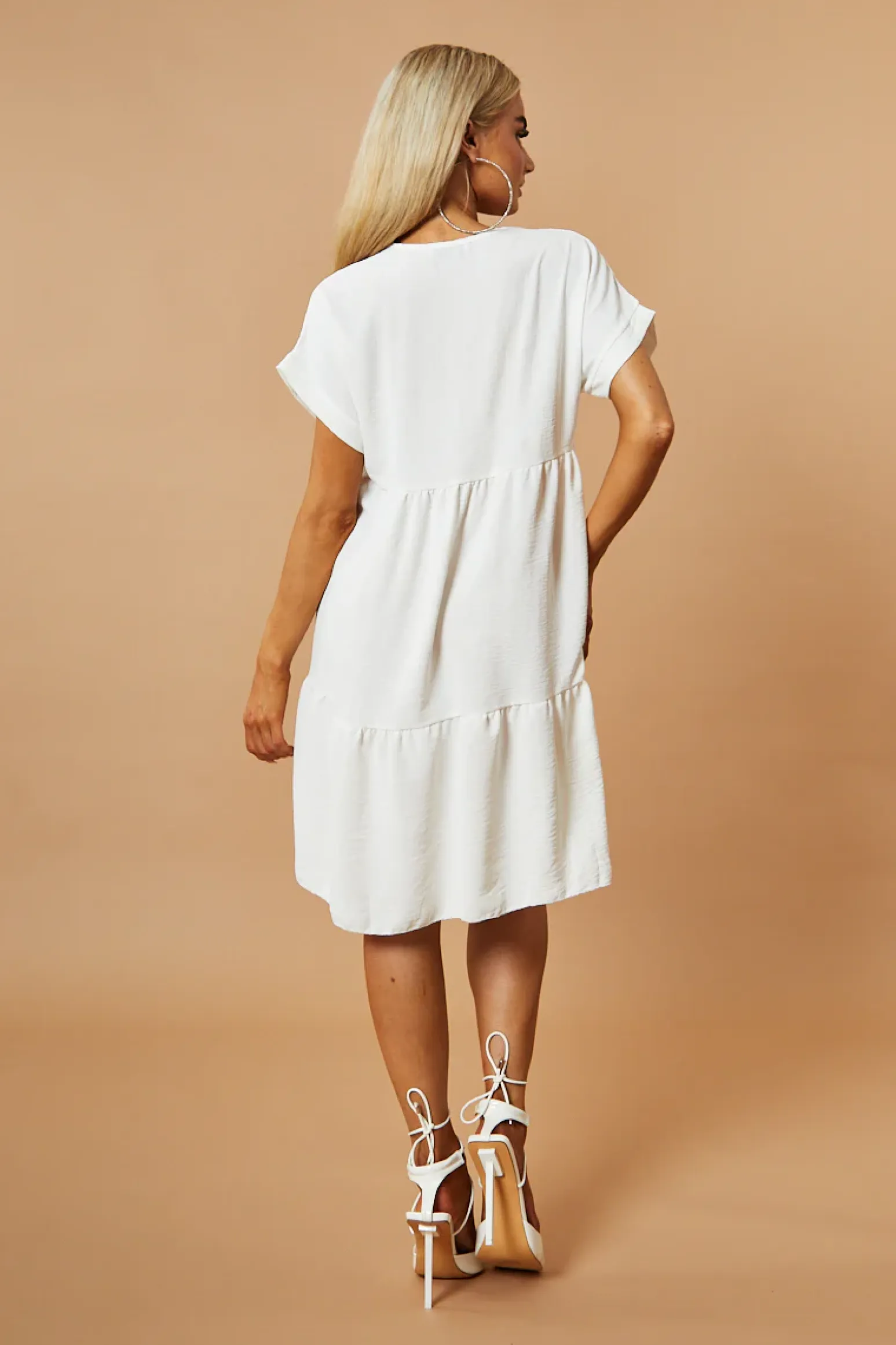 Rebellious Fashion White V-Neck Tiered Frill Mini Dress - Kate