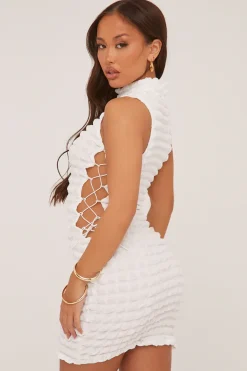 Rebellious Fashion White Waffle Lace Up Detail Mini Dress - Shreeja