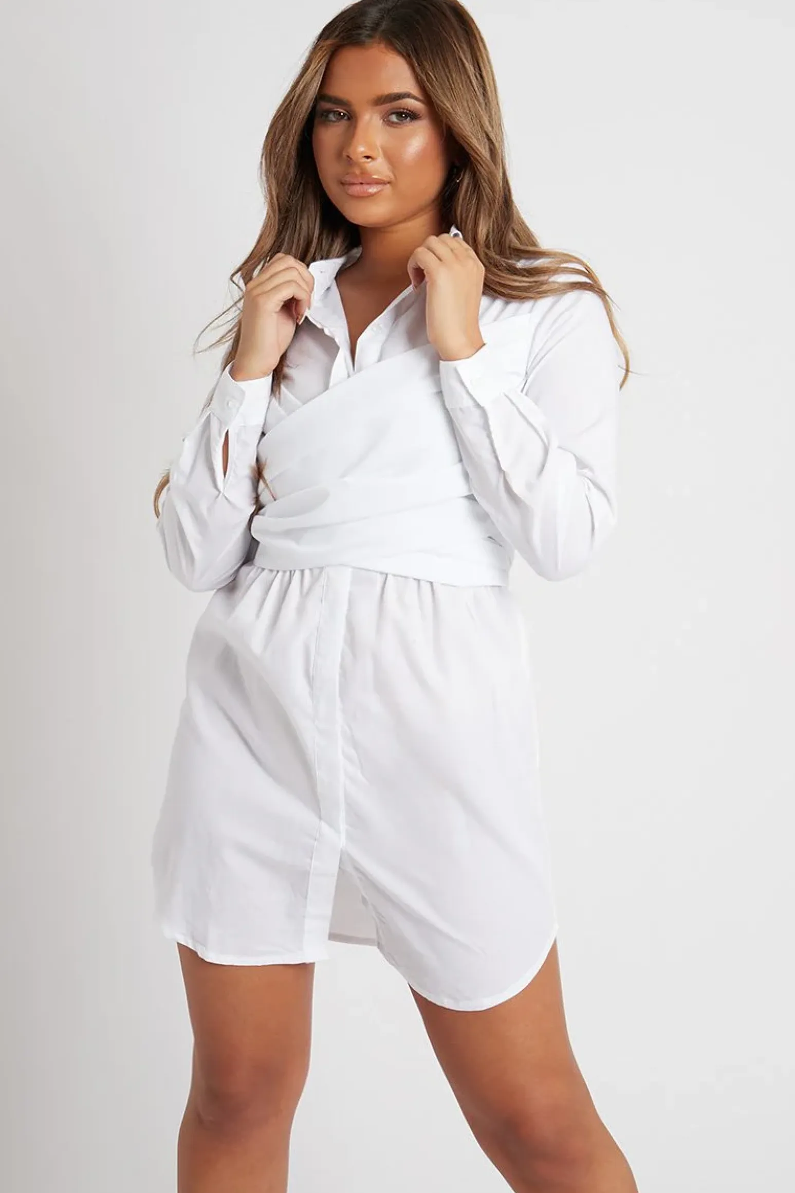 Rebellious Fashion White Wrap Front Shirt Dress - Nixie
