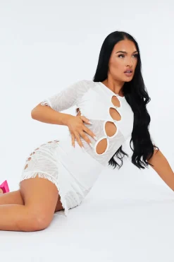 Rebellious Fashion White Zebra Print Cut Out Mesh Mini Dress - Josslyn