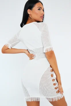 Rebellious Fashion White Zebra Print Cut Out Mesh Mini Dress - Josslyn