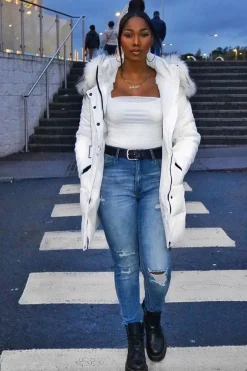 Rebellious Fashion White Adjustable Waist Longline Puffer Coat - Zofia