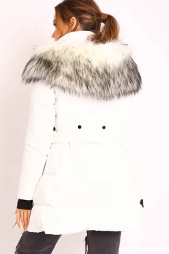 Rebellious Fashion White Adjustable Waist Longline Puffer Coat - Zofia