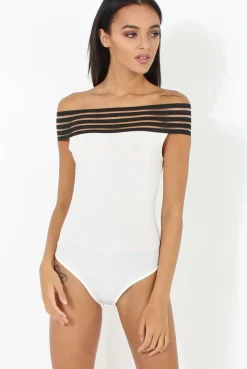 Rebellious Fashion White & Black Elasticated Bardot BodySuit - Jill