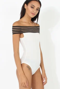 Rebellious Fashion White & Black Elasticated Bardot BodySuit - Jill