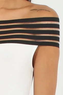 Rebellious Fashion White & Black Elasticated Bardot BodySuit - Jill