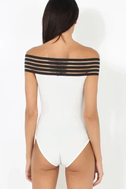 Rebellious Fashion White & Black Elasticated Bardot BodySuit - Jill