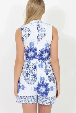 Rebellious Fashion White & Blue High Neck Cut Out Playsuit - Tabitha