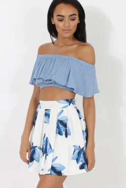 Rebellious Fashion White & Blue High Waisted Skater Skirt - Elisha