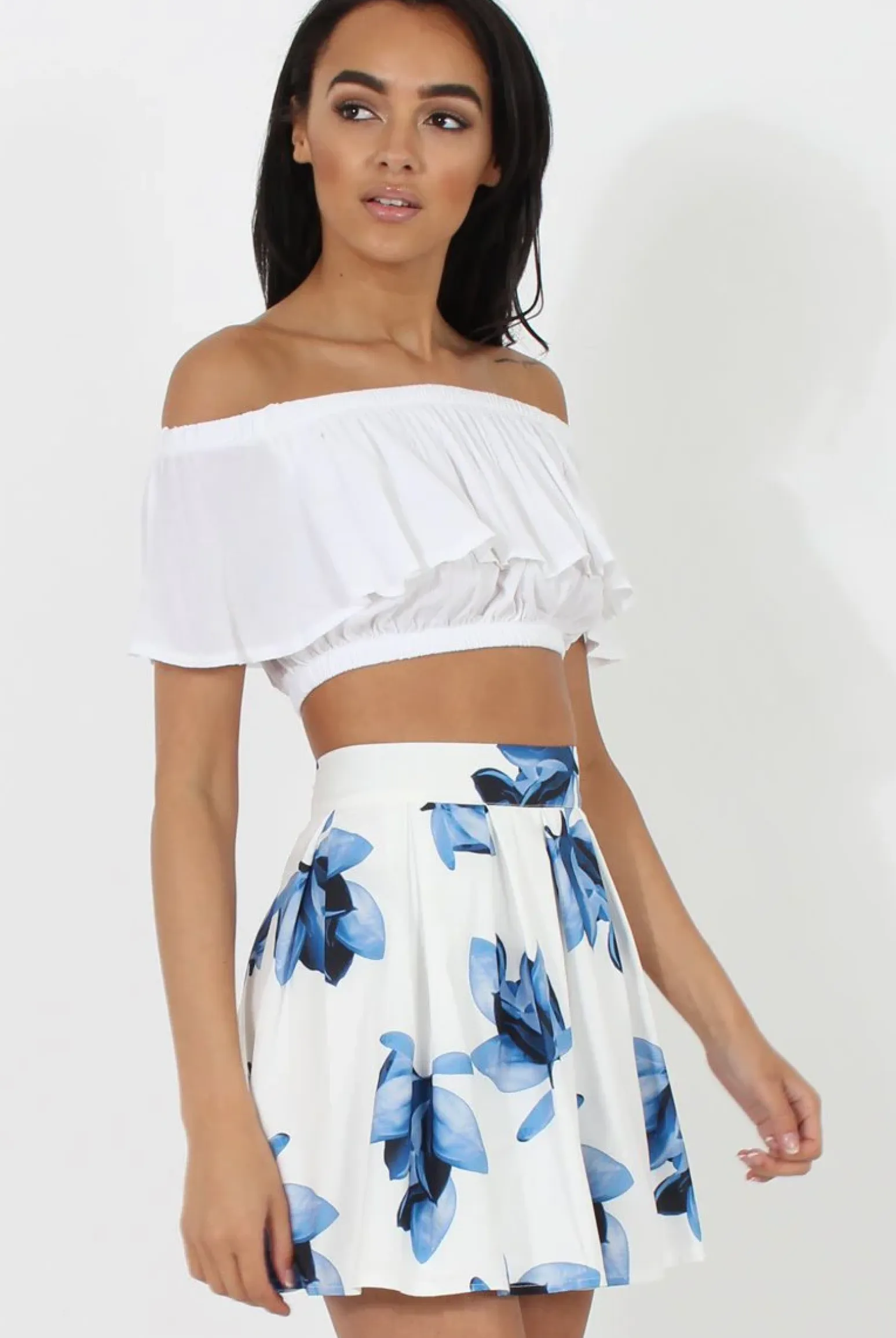 Rebellious Fashion White & Blue High Waisted Skater Skirt - Elisha