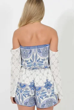 Rebellious Fashion White & Blue Print Bardot Playsuit - Cammy