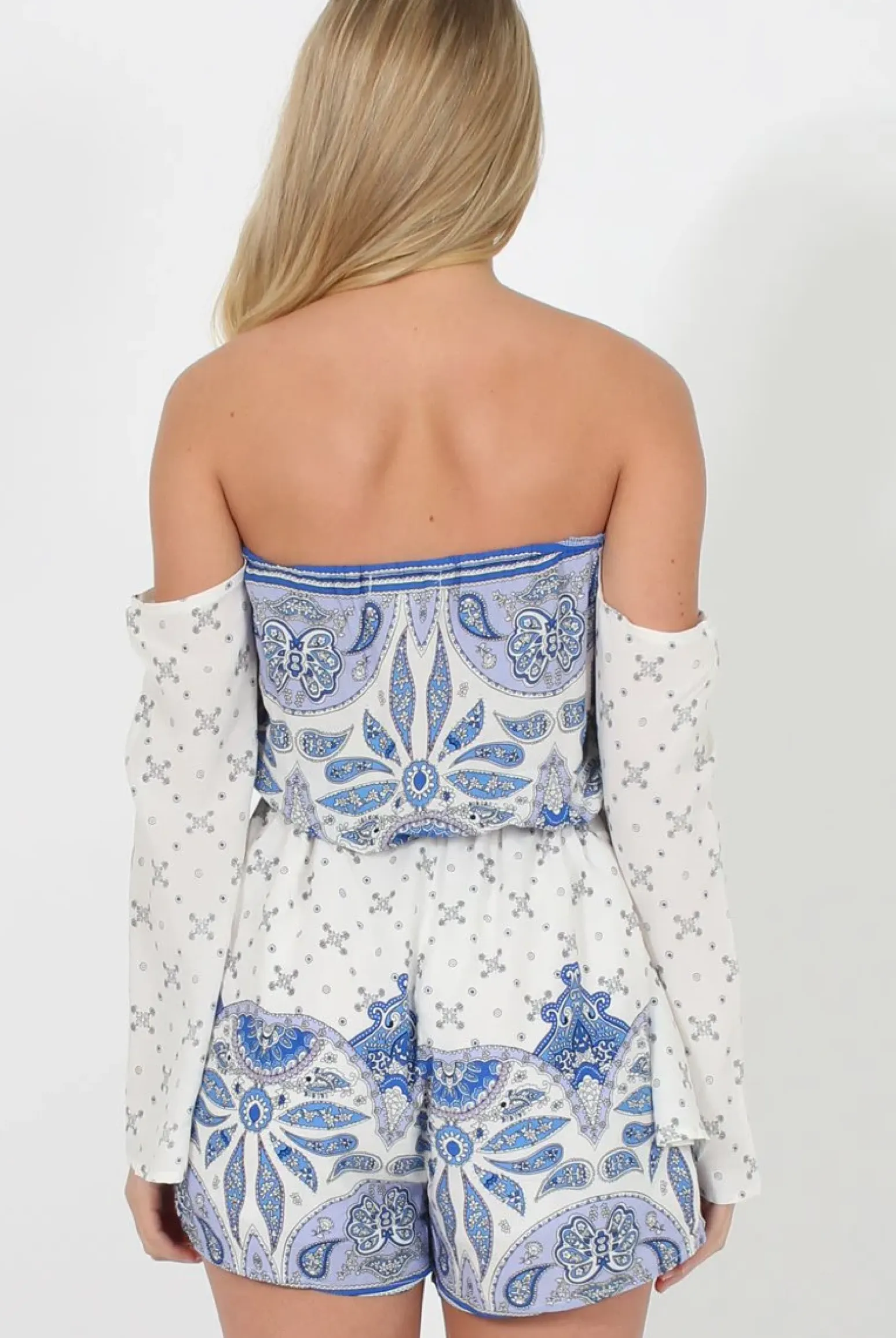 Rebellious Fashion White & Blue Print Bardot Playsuit - Cammy