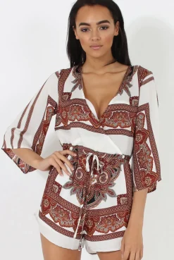 Rebellious Fashion White & Brown Pattern Wrap Over Playsuit - Belinda