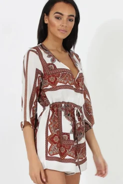 Rebellious Fashion White & Brown Pattern Wrap Over Playsuit - Belinda