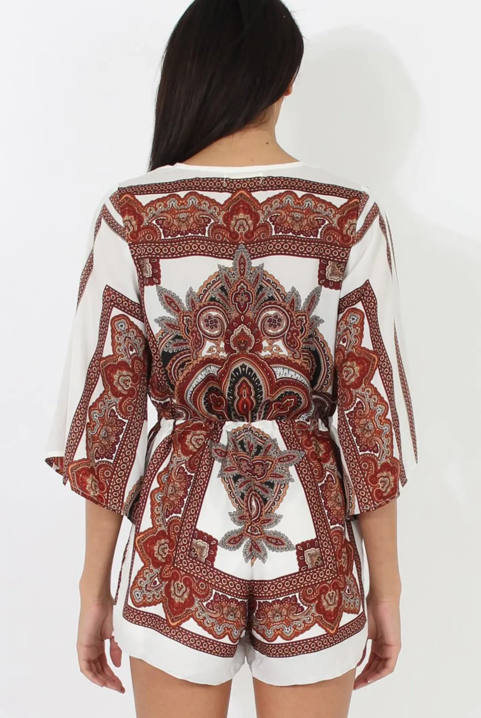 Rebellious Fashion White & Brown Pattern Wrap Over Playsuit - Belinda