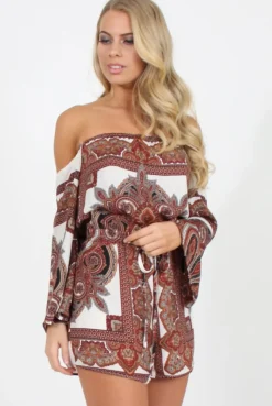 Rebellious Fashion White & Burgundy Paisley off the Shoulder Playsuit - Chelsey