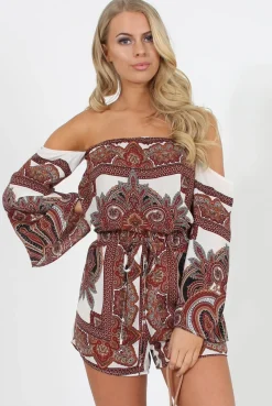 Rebellious Fashion White & Burgundy Paisley off the Shoulder Playsuit - Chelsey