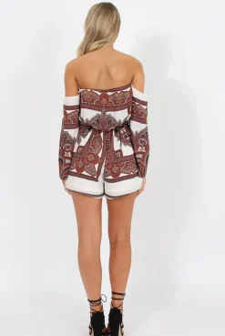Rebellious Fashion White & Burgundy Paisley off the Shoulder Playsuit - Chelsey