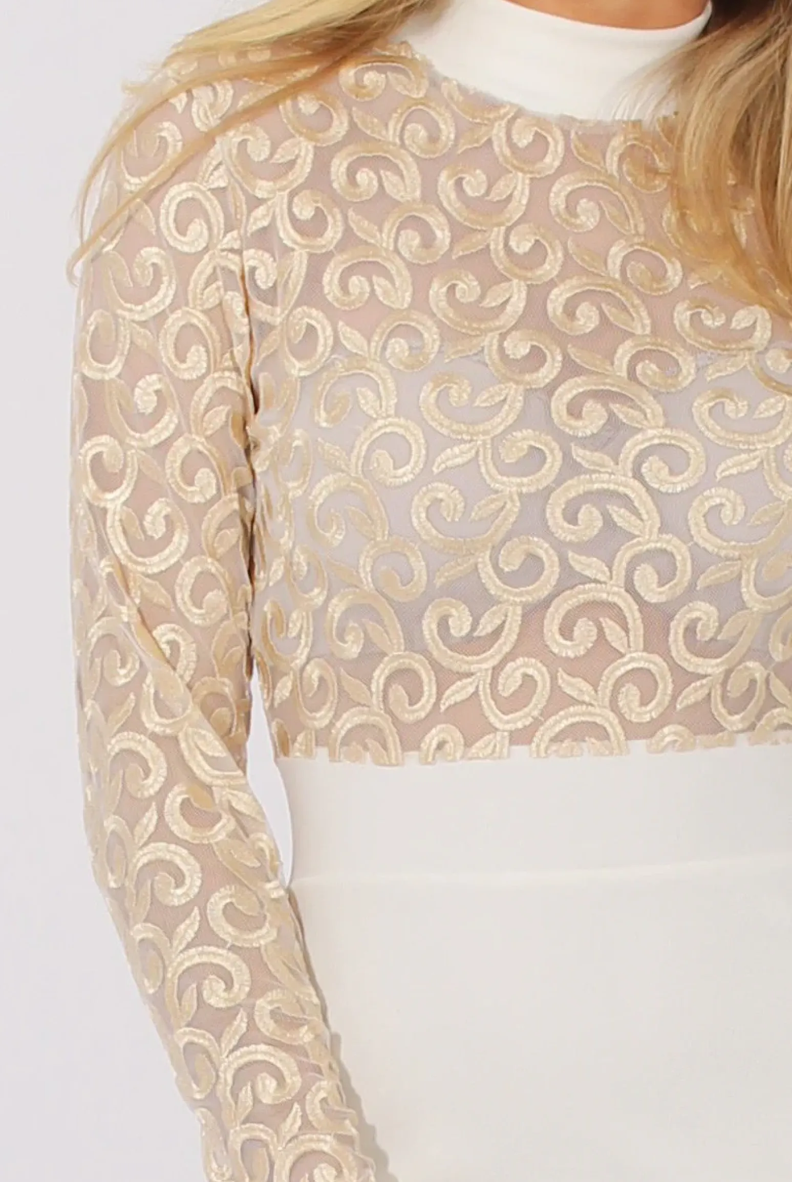 Rebellious Fashion White & Gold Mesh Top Embroidered Midi Dress - Louiza