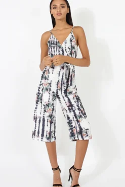 Rebellious Fashion White & Grey Tie Dye Floral Print Culotte Jumpsuit - Fiona