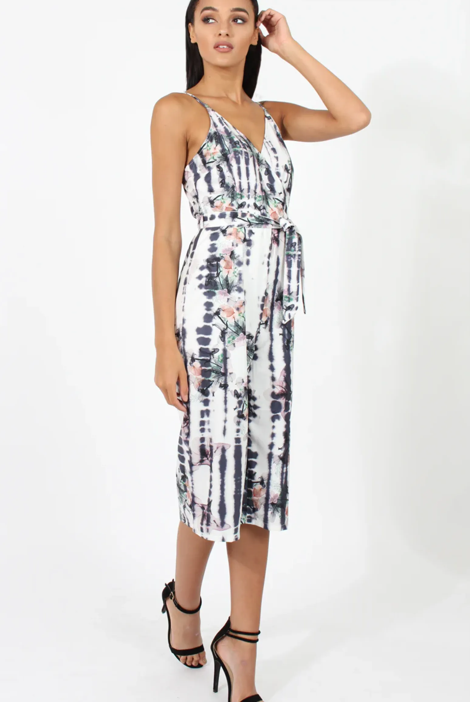 Rebellious Fashion White & Grey Tie Dye Floral Print Culotte Jumpsuit - Fiona