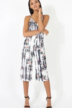 Rebellious Fashion White & Grey Tie Dye Floral Print Culotte Jumpsuit - Fiona